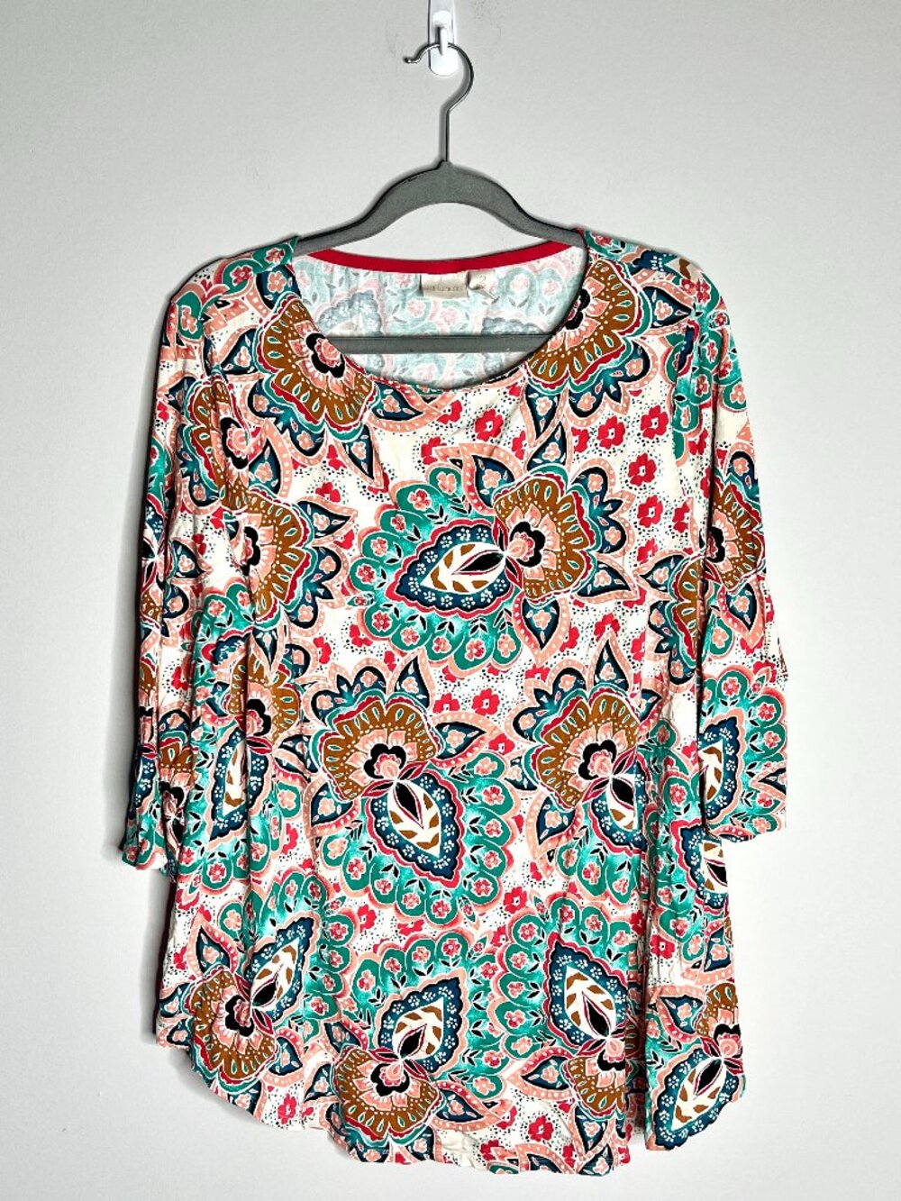 Chico's Bombay Medallion Tunic 3/4 Sleeve Liquid Knit Soft Career Preppy Sz L